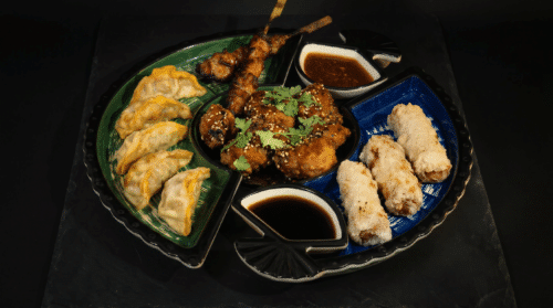 Asiatische Vorspeisenplatte mit Gyoza, Chicken Wings, Sesam-Hähnchen und Frühlingsrollen bei Soi1 Ulm